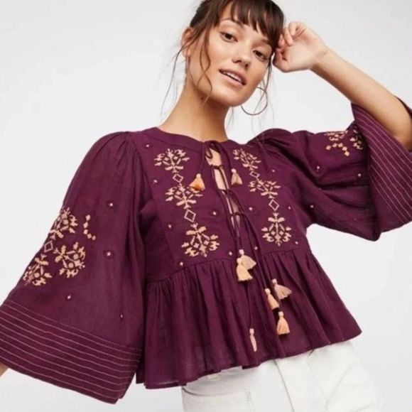 Free People Tops - Free People Embroidered Bohemian Peasant Top - Burgundy - Size M